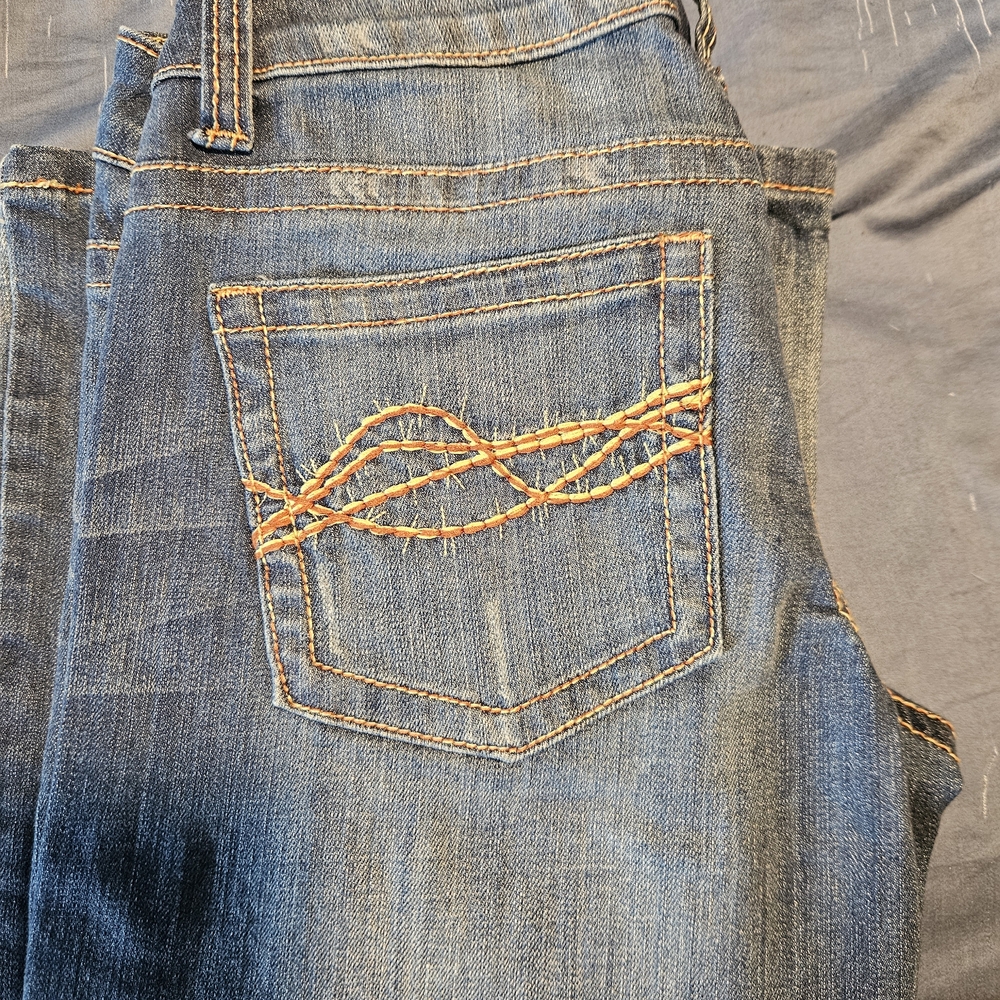 Cowgirl Tuff Women's Boot Cut Jeans - Blue with Orange Stitching